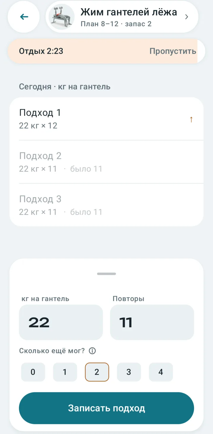 Экран ввода подхода: вес 22 кг на гантель, 11 повторов, отметка «Сколько ещё мог» и таймер отдыха